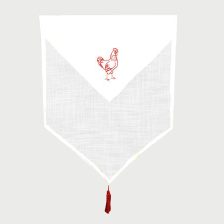 Rideau  blanc / décor brodé poule rouge