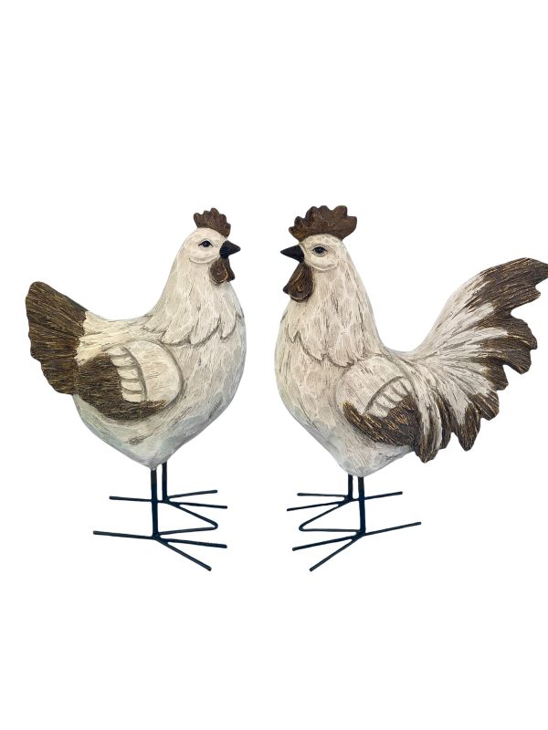 Poule et coq blanc à la queue marron en résine