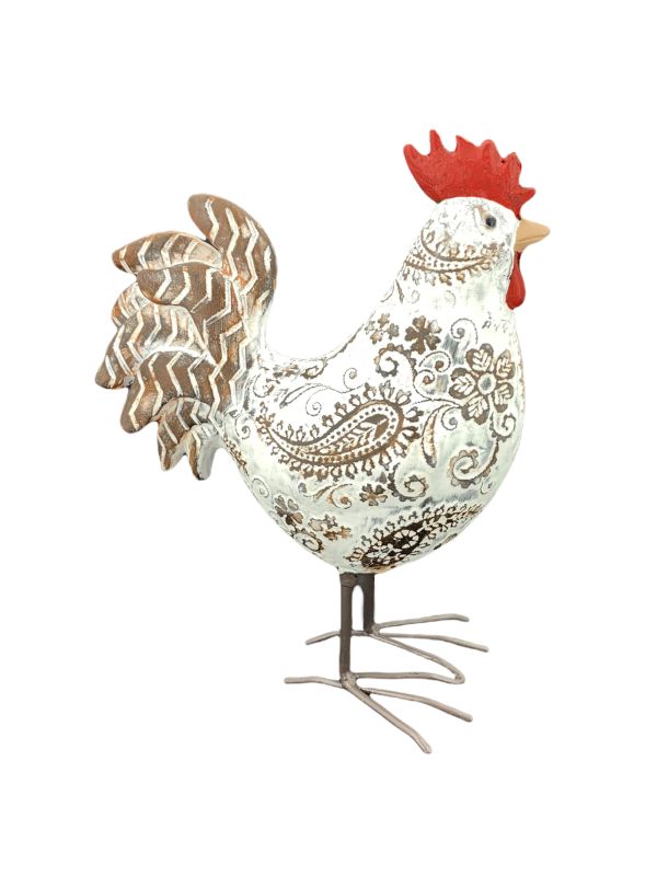 Poule sculptée marron et blanche