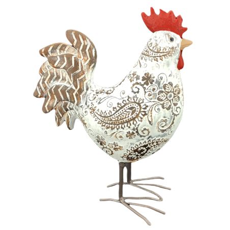 Poule sculptée marron et blanche