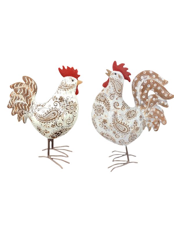 Coq sculpté marron et blanche