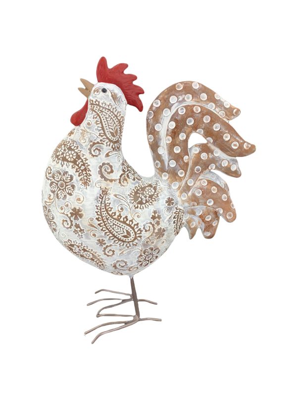 Coq sculpté marron et blanche