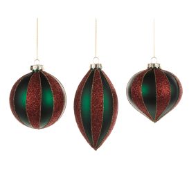 Boule de noël striée vert mat et rouge brillant Ø 8 cm