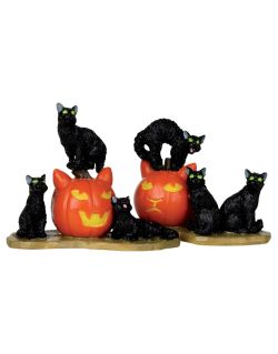 Lot 3 Figurines Chat GISELA D Halloween - Décoration Bois Noir Et Blanc