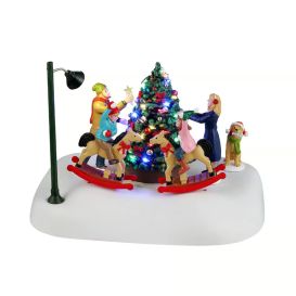 Bataille de neige à cheval à bascule pour les petits, décoration de sapin pour les grands