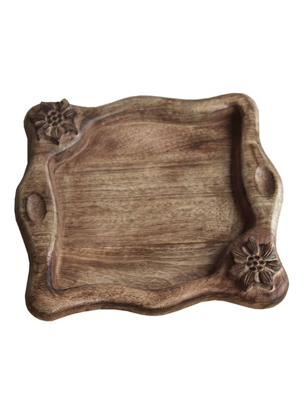 Plateau carré en bois avec motifs Edelweiss sculptées