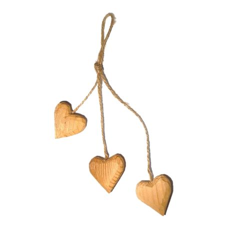 Suspension 3 petit cœurs en bois de tilleul brut sculpté main