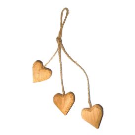 Suspension 3 petit cœurs en bois de tilleul brut sculpté main