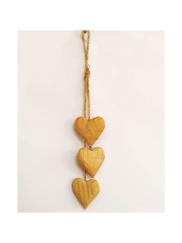 Suspension 3 petit cœurs en bois de tilleul brut sculpté main
