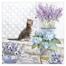 20 Petites serviettes 25 x 25 cm - Chat et hortensia