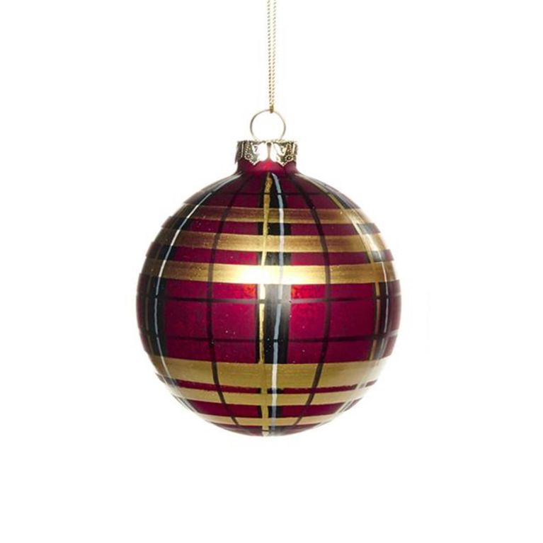 Boule de noël bordeaux quadrillée or, noir et blanc