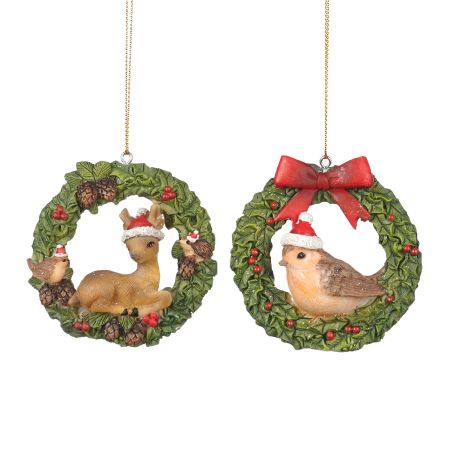 Suspension couronne de noël avec faon ou rouge-gorges
