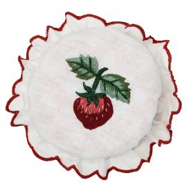 Couvre pot de confiture en coton brodé mains - Fraise