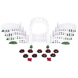 Tonnelle et clôtures en plastique blanc, avec couronne de noël