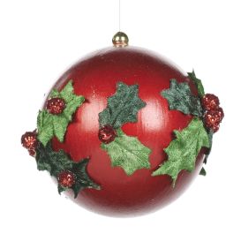 Boule de noël en bois rouge avec feuilles de houx en tissus Ø 8 cm