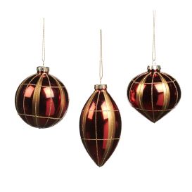 Boule de noël rouge brillant rayée dorée Ø 8 cm - 3 Formes différentes