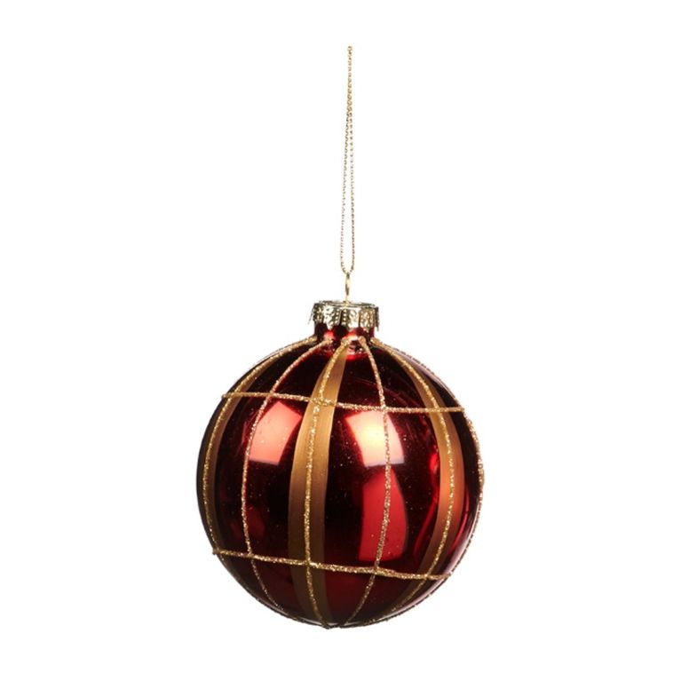 Boule de noël rouge brillant rayée dorée Ø 8 cm - Ronde