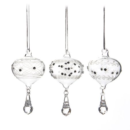 Boule de noël transparente avec motifs gravés et goutte suspendu Ø 5,5 cm - 3 modèles différents