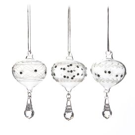 Boule de noël transparente avec motifs gravés et goutte suspendu Ø 5,5 cm - 3 modèles différents