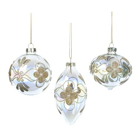 Boule de noël transparente avec fleurs dorées Ø 8 cm - 3 Formes différentes