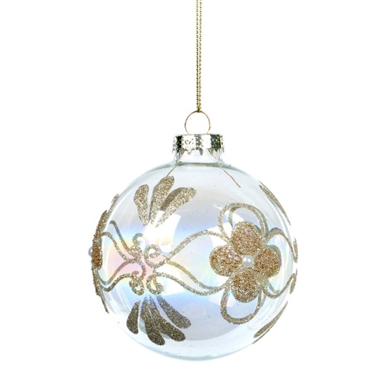 Boule de noël transparente avec fleurs dorées Ø 8 cm - Ronde