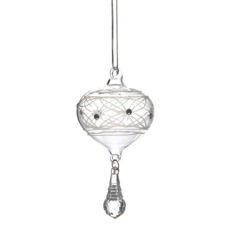 Boule de noël transparente avec motifs gravés et goutte suspendu Ø 5,5 cm - Modèle 1