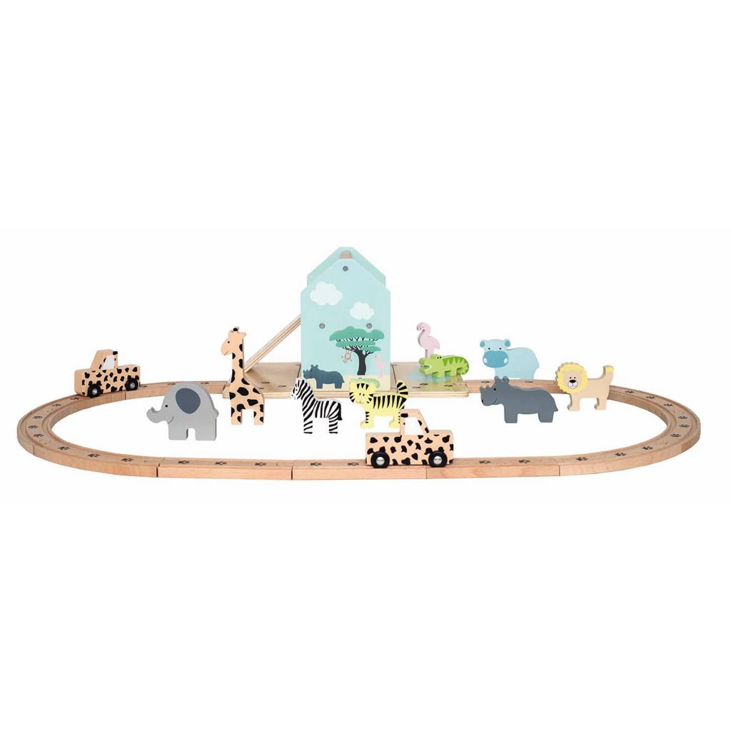 Circuit en bois pour voiture dans un décor de savane autour des animaux du  safari.