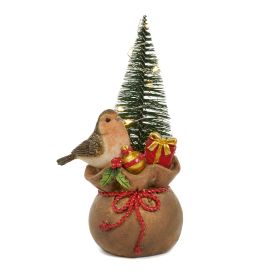 Rouge gorge sur sac de noël et sapin avec guirlande Led - Hauteur 15.5 cm